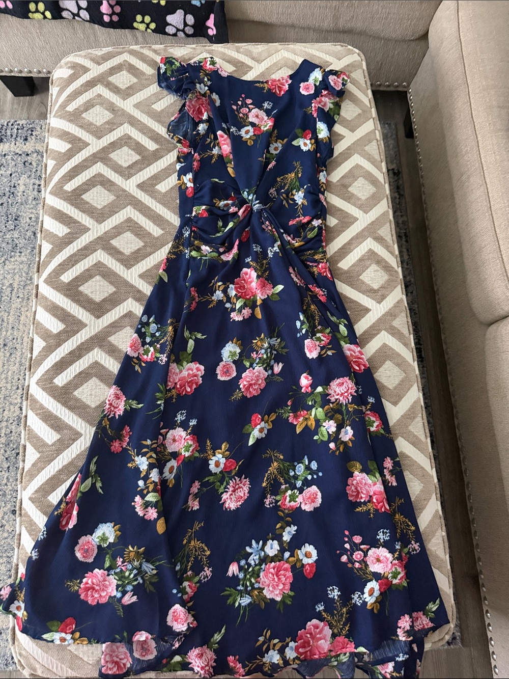 Altar'd State Navy Floral Midi Dress with Pink & Green Accents